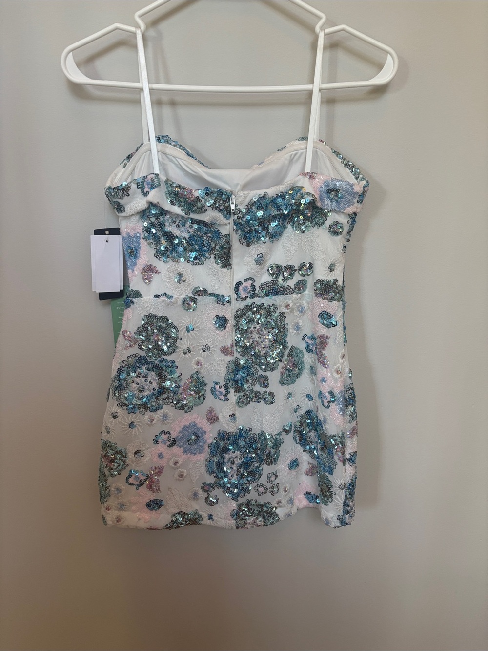 City Triangles White Strapless Sequin Floral Dress with Aqua Accents - Picture 2 of 2